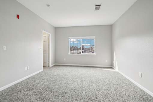 A large empty room with a carpeted floor and a window showing a cityscape.