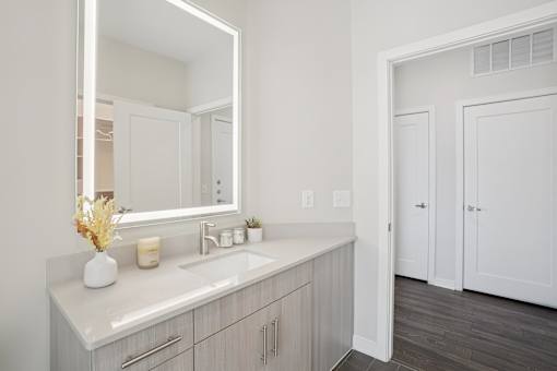 A bathroom with a white sink and a large mirror.