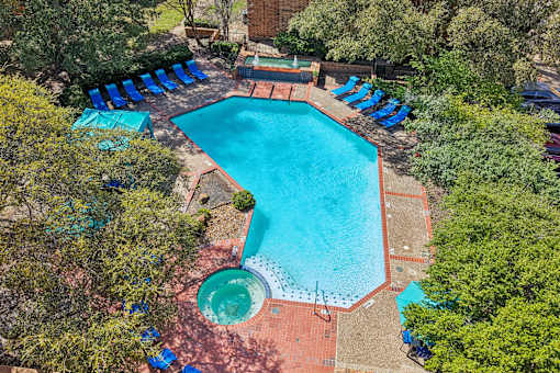 An aerial view of a swimming pool surrounded by trees.