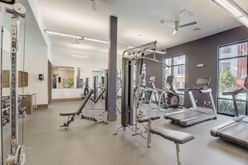 a gym with weights and other exercise equipment and windows