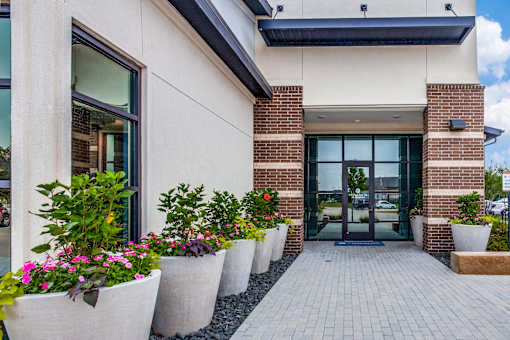 Landscaped walkway lined with large planters leading to the main entrance.