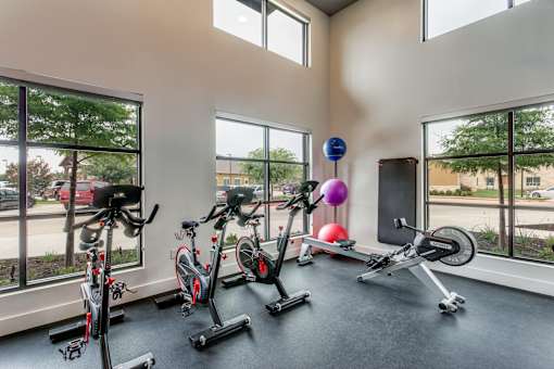 Fitness room with spin bikes, rowing machine, and exercise balls by windows.