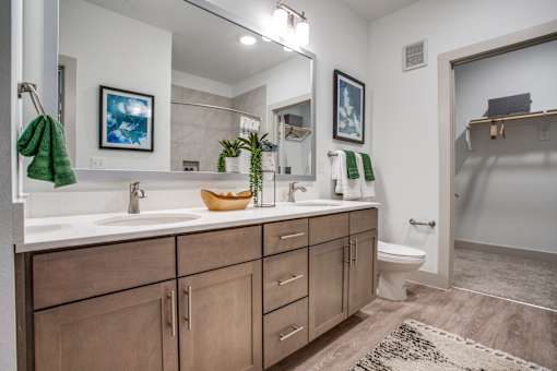 Double-sink vanity with large mirror, towel hooks, and walk-in closet entry.