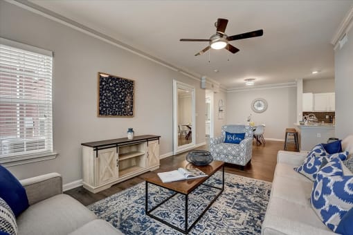 a living room with two couches and a coffee table