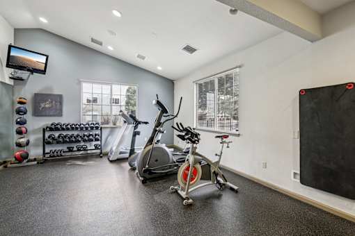 A spacious home gym with a variety of exercise equipment.