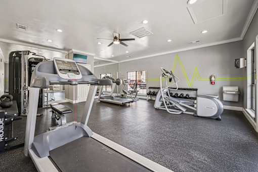 A gym with treadmills, elliptical machines, and other exercise equipment.