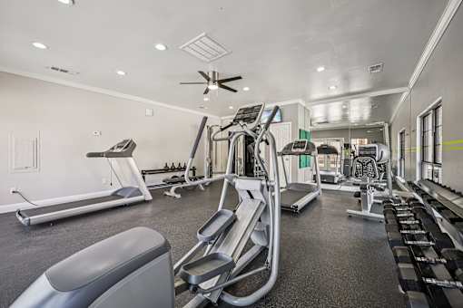A spacious gym with treadmills, elliptical machines, and other exercise equipment.