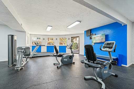 A gym with a blue wall and exercise equipment.