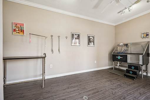 A room with a white ceiling, a grey floor, and a white wall with a picture hanging on it.
