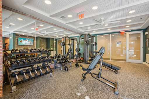 A gym with a variety of equipment including weights and a treadmill.