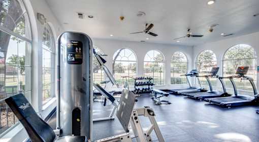 A gym with treadmills, elliptical machines, and a fan.
