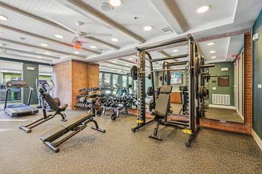 A gym with a variety of equipment including treadmills, weights, and exercise machines.