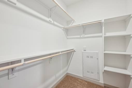 A white closet with shelves and a white electrical box on the wall.