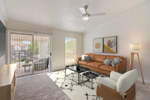 the living room of an apartment with a couch and a table
