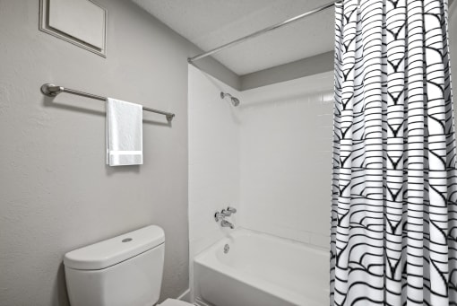 a bathroom with a shower curtain and a toilet