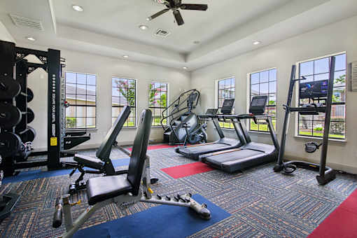 A gym with a variety of equipment including a treadmill, weights, and a bench press.