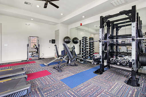 A gym with a variety of equipment including weights and a treadmill.