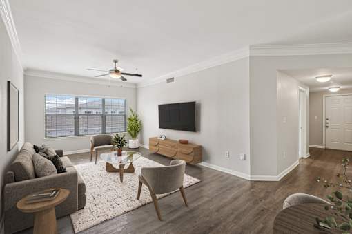 A living room with a grey couch, a wooden coffee table, and a flat screen TV mounted on the wall.
