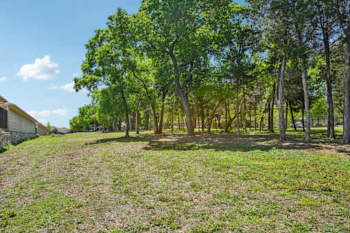 A field with trees and a house in the background.