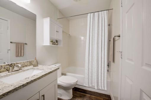 a bathroom with a shower toilet and sink