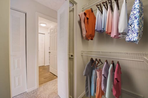 a closet with clothes hanging on a rack and a door to a hallway
