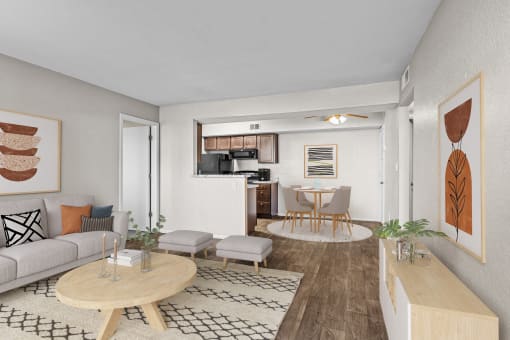 a living room with a couch and a table