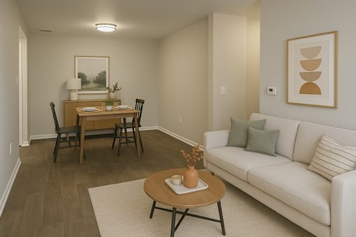 A living room with a white couch, a wooden coffee table, and a painting on the wall.