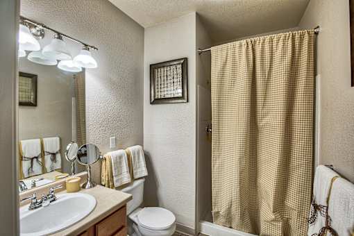 A bathroom with a sink, toilet, and shower curtain.