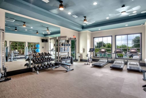 a large fitness room with cardio equipment and windows