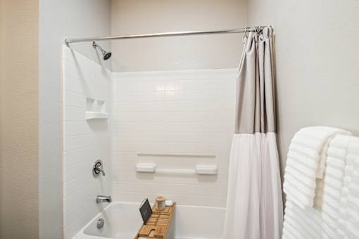 a bathroom with a shower and a bath tub
