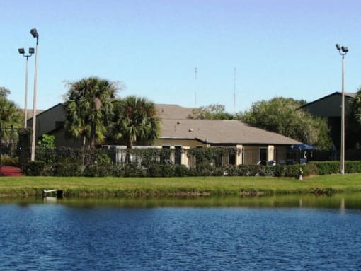 a building with palm trees next to a body of water