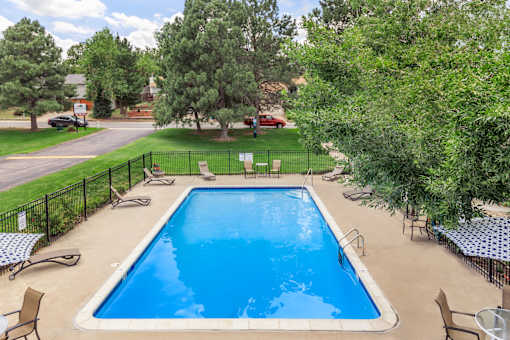 A small pool surrounded by a black fence and trees.
