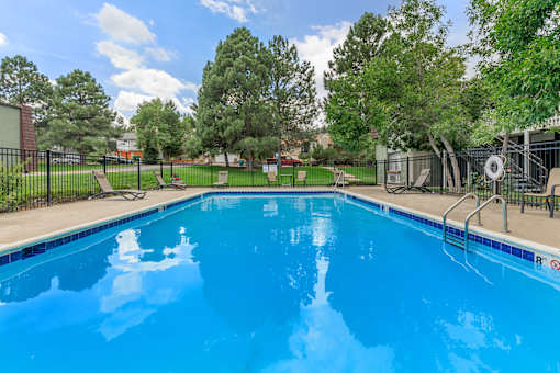 A blue swimming pool surrounded by a black fence and trees.