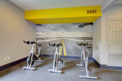 a room with two bikes and a mural on the wall