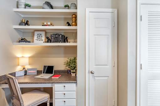 A white desk with a laptop and a sign that says "KANSAS TERRITORY" on it.