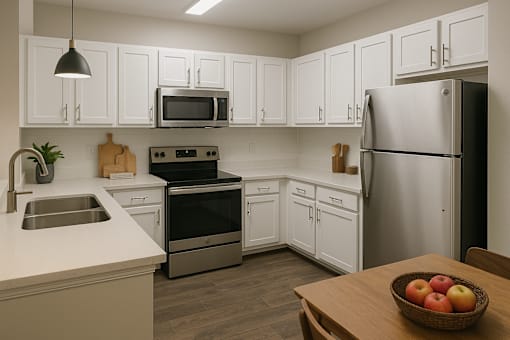 A kitchen with white cabinets and a stainless steel refrigerator.