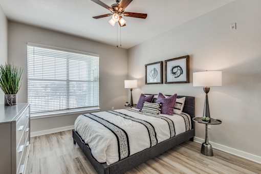 A bedroom with a bed, a ceiling fan, and a nightstand with a lamp.