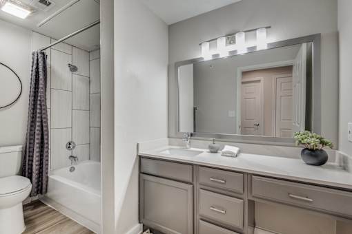 A bathroom with a white toilet, a bathtub with a shower curtain, a sink with a mirror and lights above it, and a potted plant on the counter.
