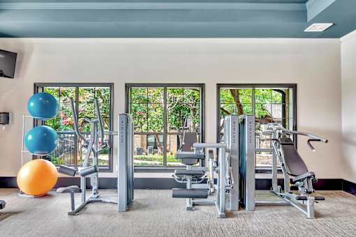 Strength-training area with cable machines, bench equipment, and exercise balls.