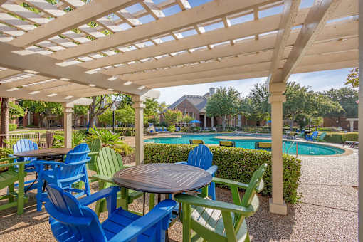 A patio with a table and chairs overlooking a pool.