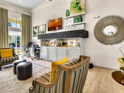 a living room filled with furniture and a large mirror