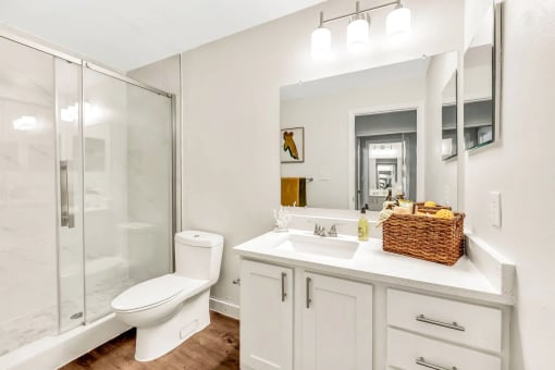 a bathroom with a white sink and toilet next to a shower with a glass door