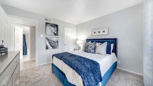 a bedroom with a bed and a closet