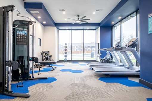 a gym with treadmills and other exercise equipment and a large window