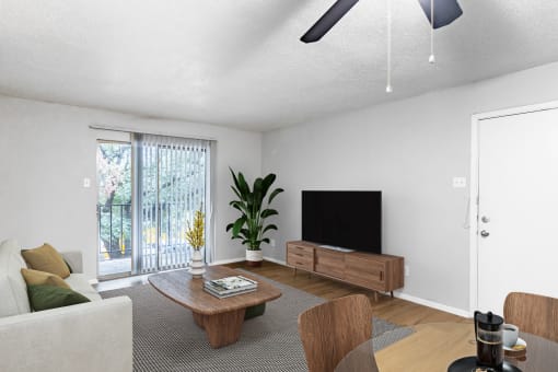 a living room with a couch and a table