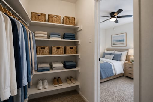 A bedroom with a bed, a dresser, a closet with clothes and shoes.