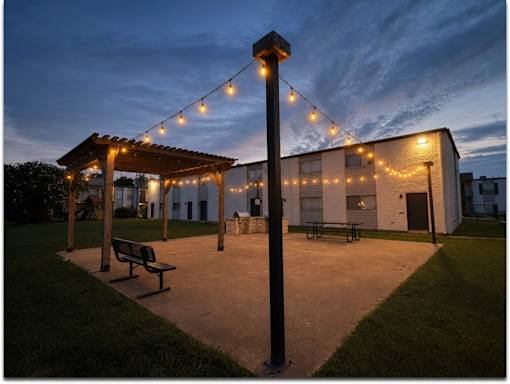 A park with a bench and a building with lights on it.