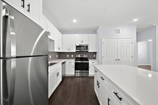 Modern galley kitchen with stainless steel appliances at The Aurea Apartments, Houston, TX 77093