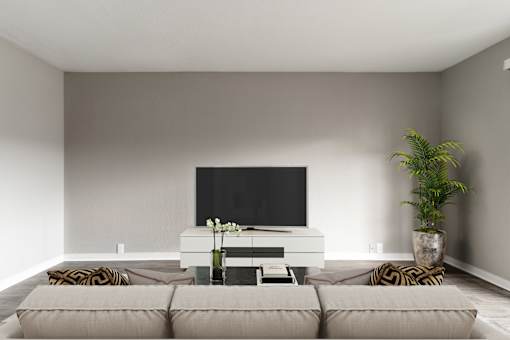 A living room with a television, sofa, and potted plant.