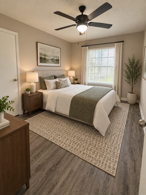 A bedroom with a bed, nightstands, and a ceiling fan.